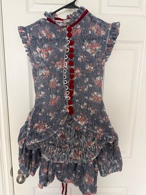 High-Low Floral Lace Dress with Red Button Trim